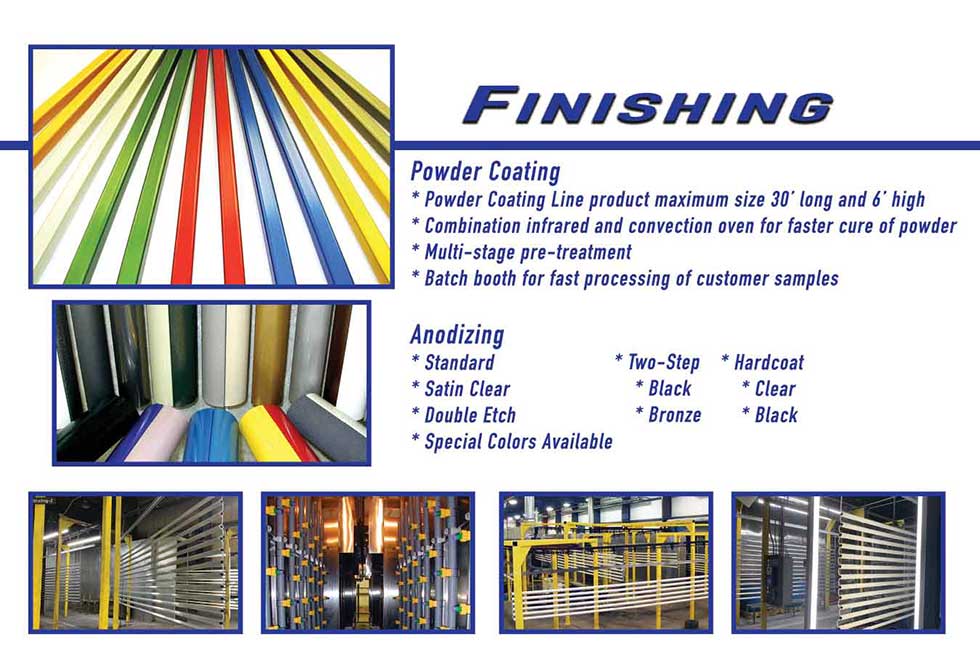 A graphic with the word “FINISHING” above a bulleted list of the tools and services that are used for finishing, offered by Star. The list is accompanied by 4 assorted images of the facility and machinery which are utilized in the finishing process at Star.