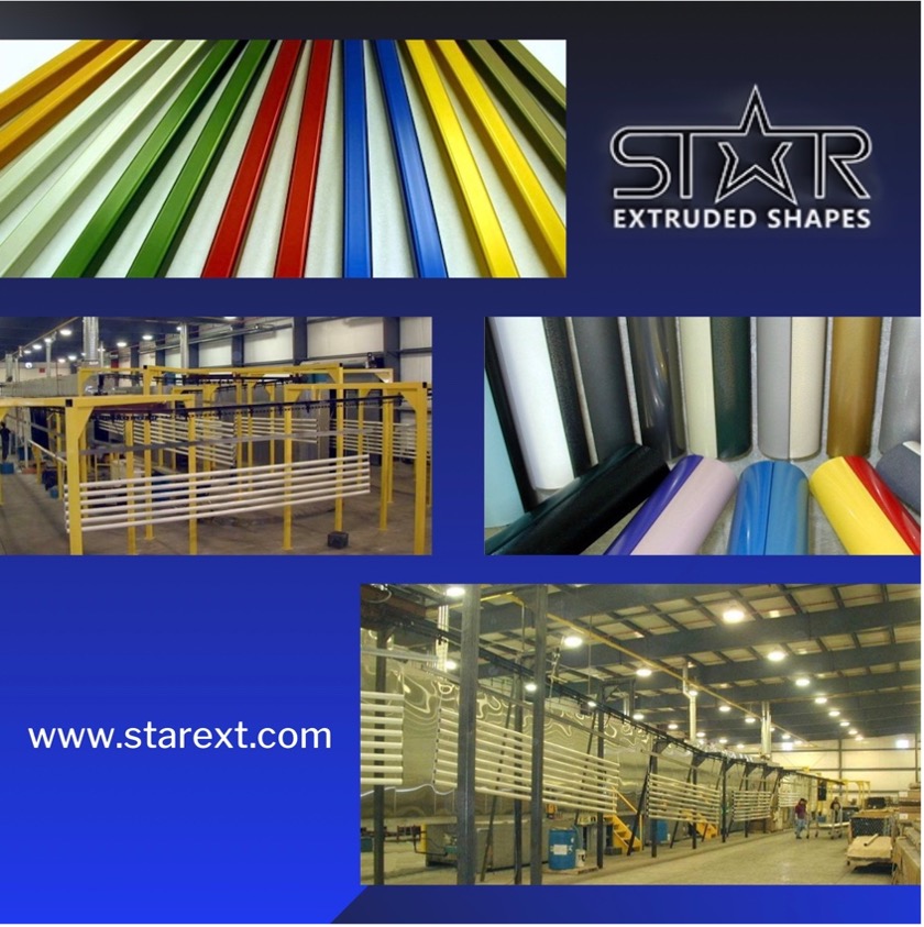 A collage of aluminum products in different kinds of finishing. The products include sheets, plates, coils, and extruded shapes. Some products are unfinished, while others have been subjected to various finishing processes, such as anodizing, powder coating, and painting. Above a Star Extruded Shapes Inc. logo are the words “Aluminum Finishing Services 101.”