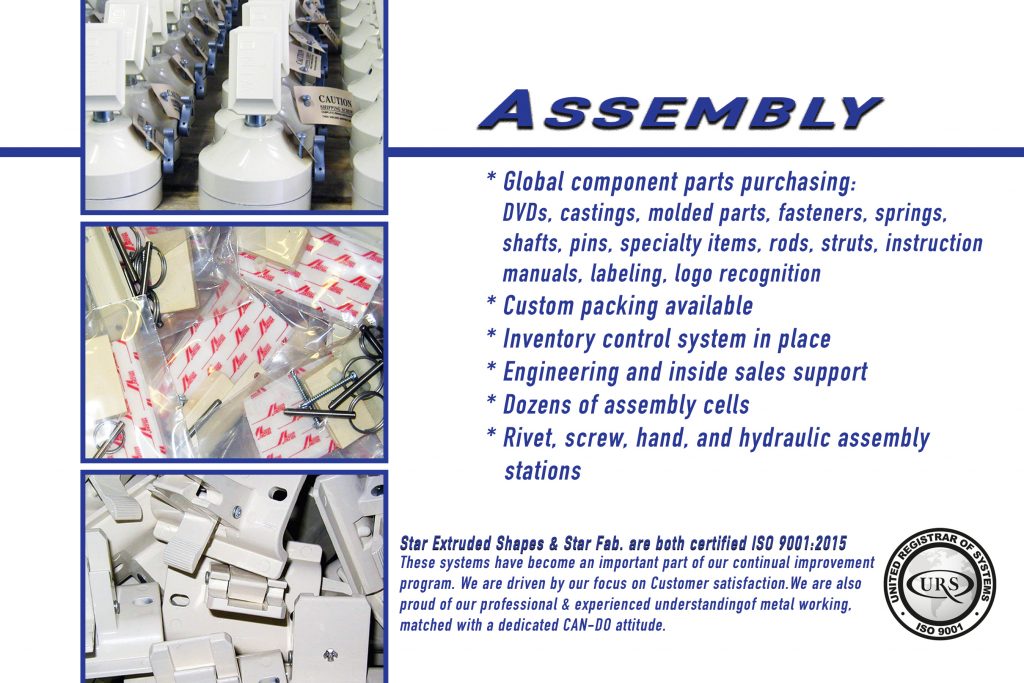 A graphic with the word “ASSEMBLY” above a bulleted list of the assembly tools and services offered at Star. To the left of this list are 3 assorted images of assembled end products.