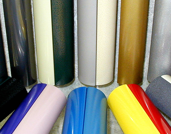 Color options for finishing coating on the cylindrical aluminum extrusions. Numerous color finishes shown