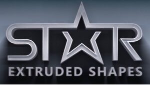 An image of Star’s company logo. The words “STAR Extruded Shapes” in 3D bold font designed in a gray and silver color way with a star replacing the A in the STAR.