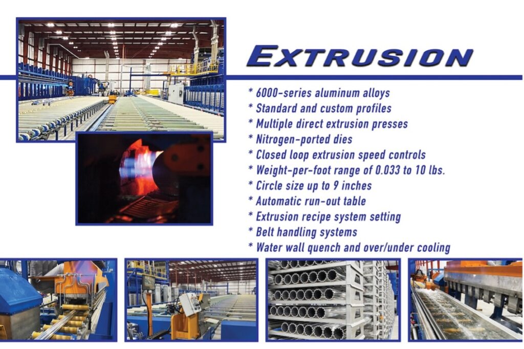 A graphic with the word “EXTRUSION” above a bulleted list of the extrusion tools and services offered at Star. Around this list are 6 assorted images of the company’s pristine facility and machinery which are utilized for extruding.