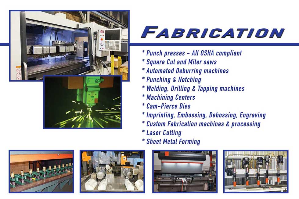 A graphic with the word “FABRICATION” above a bulleted list of the fabrication tools and services offered at Star. Around this list reside 6 assorted images of the company’s pristine facility and machinery which are used in the fabrication process.