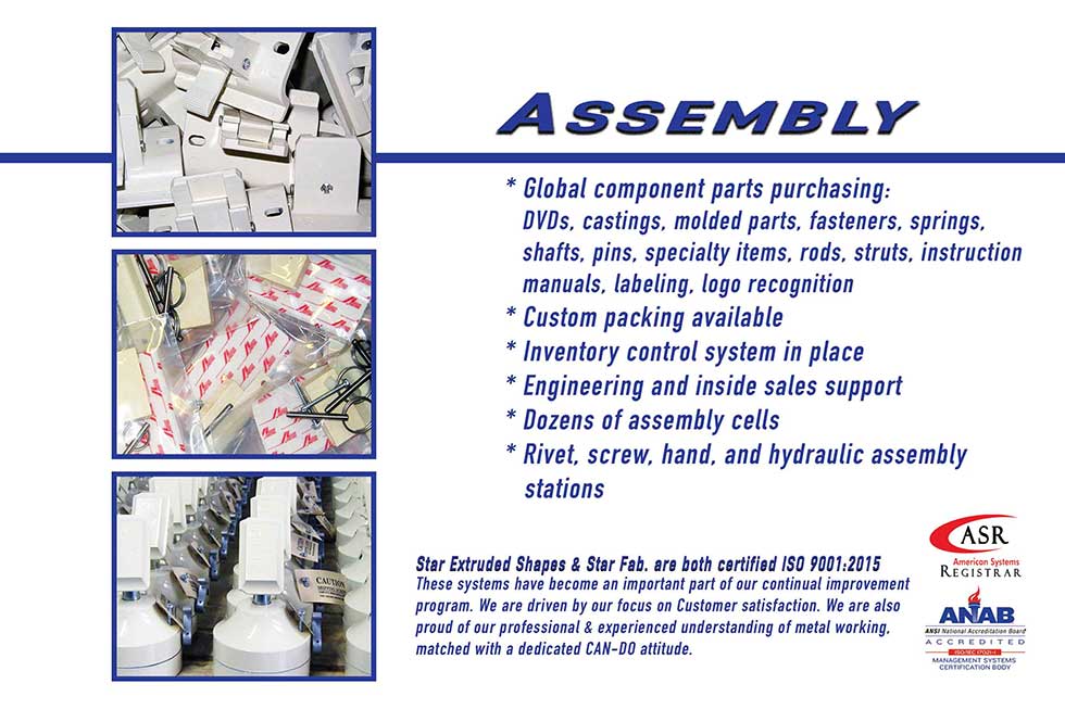 A graphic with the word “ASSEMBLY” above a bulleted list of the assembly tools and services offered at Star. To the left of this list are 3 assorted images of end products that have been assembled.