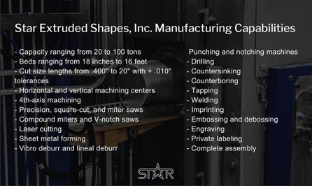 Darkened image background and a list of all Star Extruded Shapes manufacturing capabilities. On the very bottom is the Star logo in black and white.