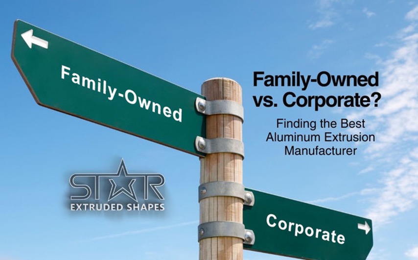 The words “Family-Owned or Corporate? Finding the Best Aluminum Extrusion Manufacturer” over a darkened image of a two-way sign, one arrow pointing to a family icon and the other pointing to a corporate icon. The company logo is centered at the bottom.