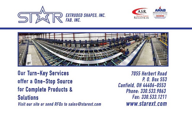 An advertisement with informational content for Star Extruded Shapes, Inc. showcasing a sizeable industrial setting with numerous rows of machinery and equipment. Star, ASR Registrar, and ANAB logos are at the top. The text provides information about the company’s turnkey services and contact details.