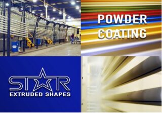 The words “Powder Coating” are in the top right box of four on top of a picture of multicolored powder coated aluminum strips. On the top left there is an image of the powder coating factory line. The lower left of the image has the Star logo over top of a blue background. The lower right box is a closeup of aluminum parts being sprayed with powder coating in an eggshell white color.