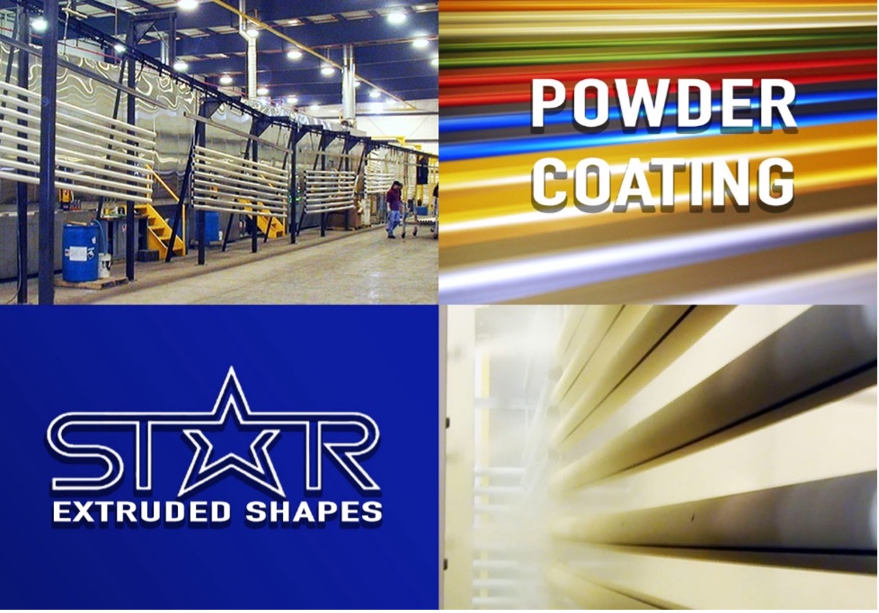 The words “Powder Coating” are in the top right box of four on top of a picture of multicolored powder coated aluminum strips. On the top left there is an image of the powder coating factory line. The lower left of the image has the Star logo over top of a blue background. The lower right box is a closeup of aluminum parts being sprayed with powder coating in an eggshell white color.