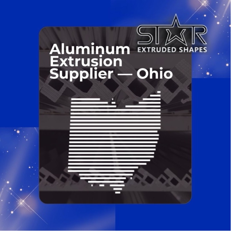 Stylized graphic of aluminum extrusions with a white icon in the shape of the state of Ohio with the words “Aluminum Extrusion Supplier – Ohio” in white font on a royal blue background. Star Extruded Shapes official logo in upper right corner.