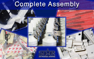 Blue header with text reading “Complete Assembly” above five images of a variety of assembled, finished products. Upper left image fully assembled black matte component parts with foam lining for packaging. Top right image is a stack of components each individually encased in a red mesh material. The center image has white tube dispenser products fully assembled and tagged with branding and instructions. Lower left image shows numerous aluminum extruded parts with rings in individually packaged plastic bags with accompanying adhesive strips. Lower right image shows a pile of white finished extruded parts with screws ready for individual distribution.