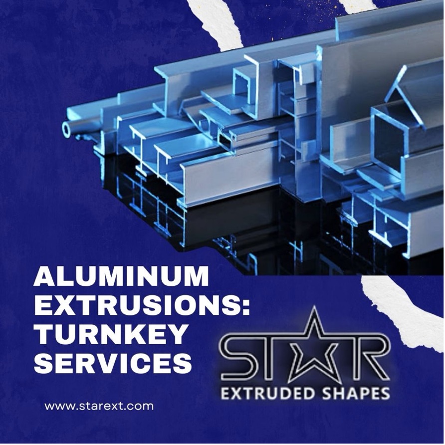 Royal blue graphic featuring a variety of aluminum extrusions and the title, “Aluminum Extrusions: Turnkey Services” and Star Extruded Shape’s official logo, and their email address on the lower left: www.starext.com