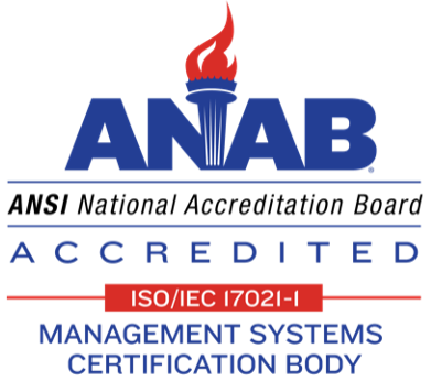 The ANAB, ANSI National Accreditation Board accreditation for ISO/IEC 17021-1 Management Systems Certification Body logo in dark blue, black, and red colors.