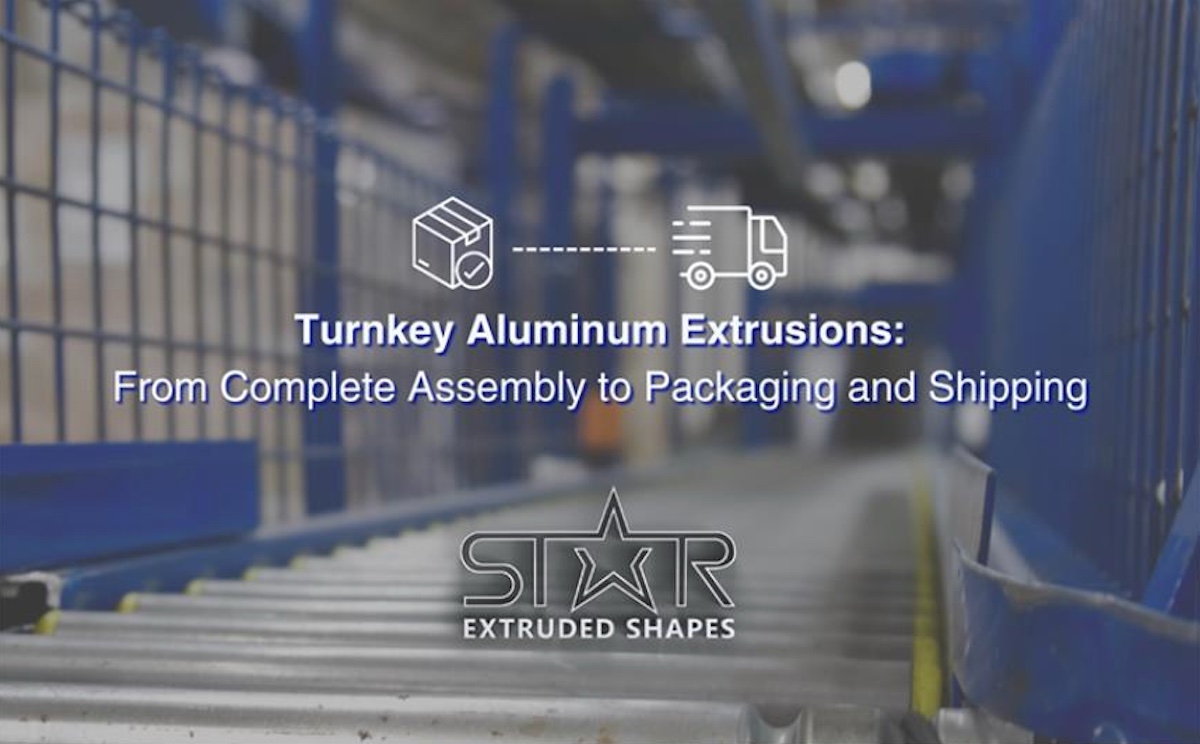 Image with a background picture of a closeup shot of the aluminum extrusion press line. Over top of the image is an icon with a white drawing of a box with a checkmark on it, then a white dotted line leading to a digital icon of a box truck in motion. Below there is white text that reads “Turnkey Aluminum Extrusions: From Complete Assembly to Packaging and Shipping.” Below the text is the white and black Star Extruded Shapes logo.