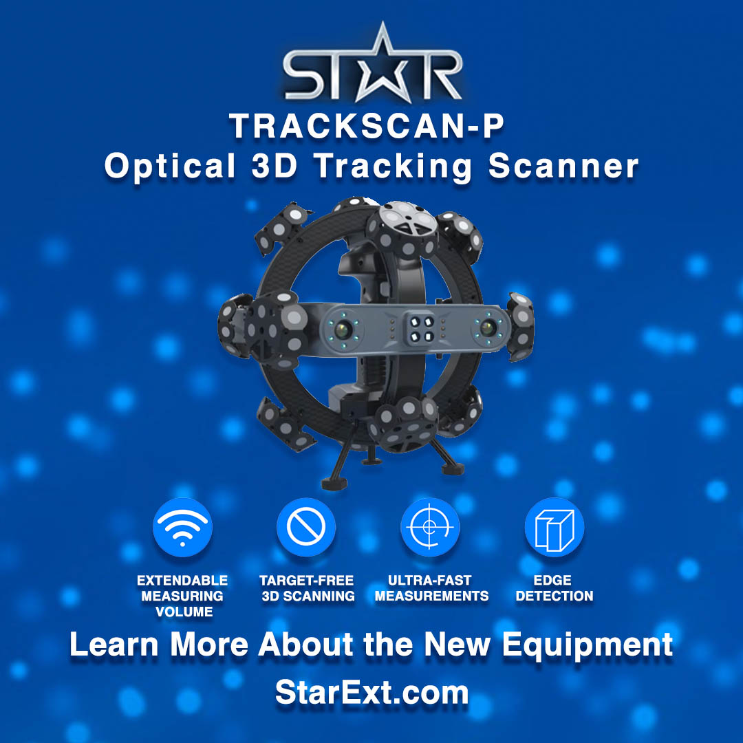 Bright blue background with soft light spheres floating in the background. The Star logo is at the top center. Underneath the logo, white text reads “TRACKSCAN-P Optical 3D Tracking Scanner.” Below the text in the center of the image is the track scanner, a black circular device with several sensor mounts. Below the scanner are 4 icons correlating to the white text for each, “EXTENDABLE MEASURING VOLUME,” “TARGET-FREE 3D SCANNING,” “ULTRA-FAST MEASUREMENTS,” (sic) “EDGE DETECTION.” The bottom center of the graphic, in white text, reads “Learn More about the New Equipment.”