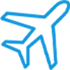Airplane icon outline in light blue.