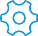 A gear icon in light blue outline.