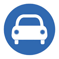 Circular light blue icon with a white line drawing of a car front view.