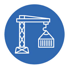 Circular light blue icon with a white line drawing of a crane moving a house frame.