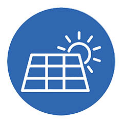 Circular light blue icon with a white line drawing of a grid with three rows and columns with a sun on the right corner.