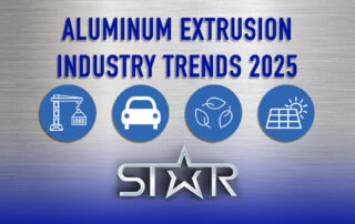 Background of image has a silver shiny reflective texture. At the top center cobalt blue reads” ALUMINUM EXTRUSION INDUSTRY TRENDS 2025” with a grey drop shadow. Below that in the center of the image are three circular light blue icons with white lines for each icon. From left to right: A construction icon with a crane moving a house frame. An icon with a simple white car shape, next are three leaves forming a circular shape and lastly is a grid with three rows and columns with a sun on the right corner. In the bottom center of the image is the Star Logo with a metallic sheen to the text and a drop shadow.