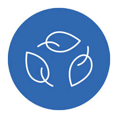 Circular light blue icon with a white line drawing of three leaves moving in a circle shape.